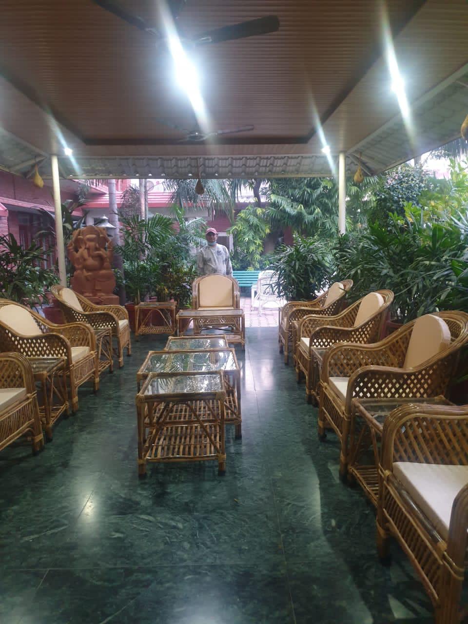 Shaded veranda seating at the ashram