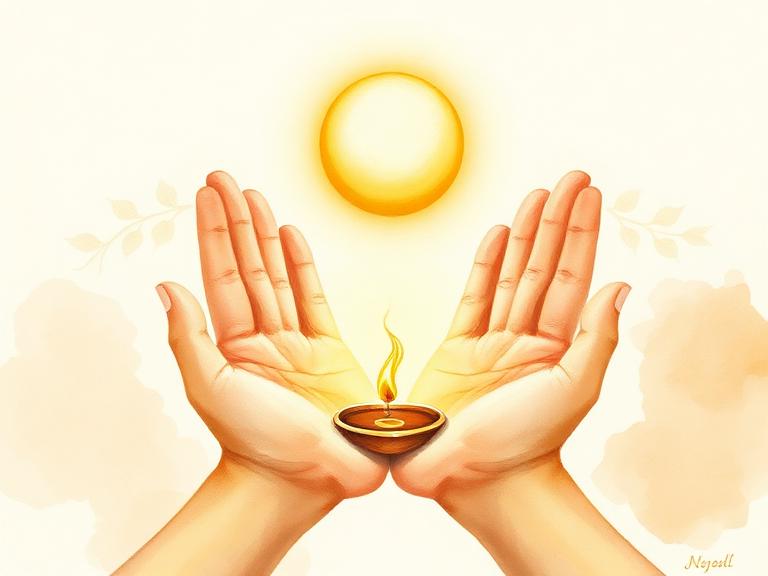 Open palms holding a small diya flame in sunlight