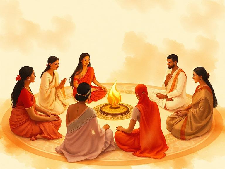 A circle of seekers seated equally around a shared flame