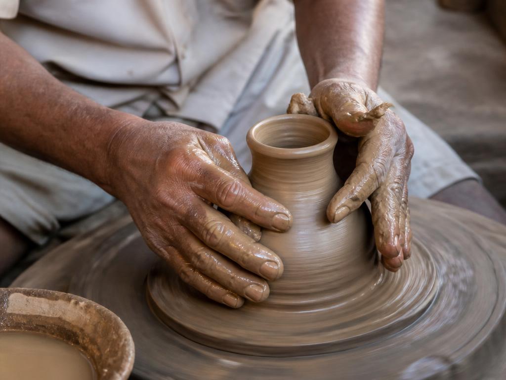 Hands shaping clay on a potter's wheel