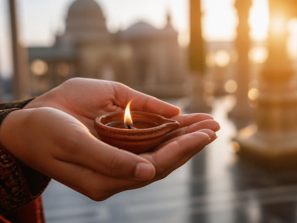 Open palms holding a small diya flame in sunlight