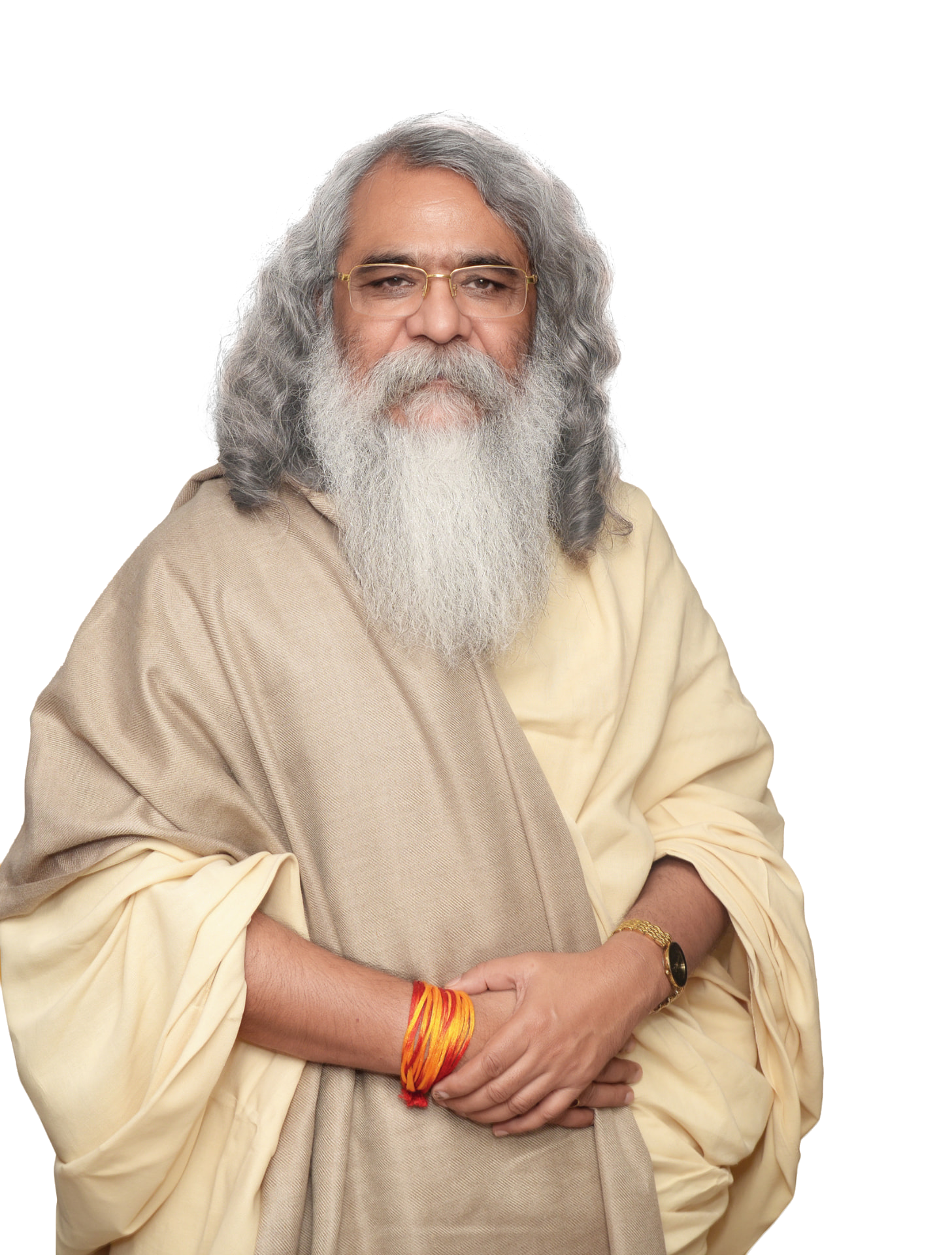 Portrait of Maharishi Yogi Madhusudan in cream robes