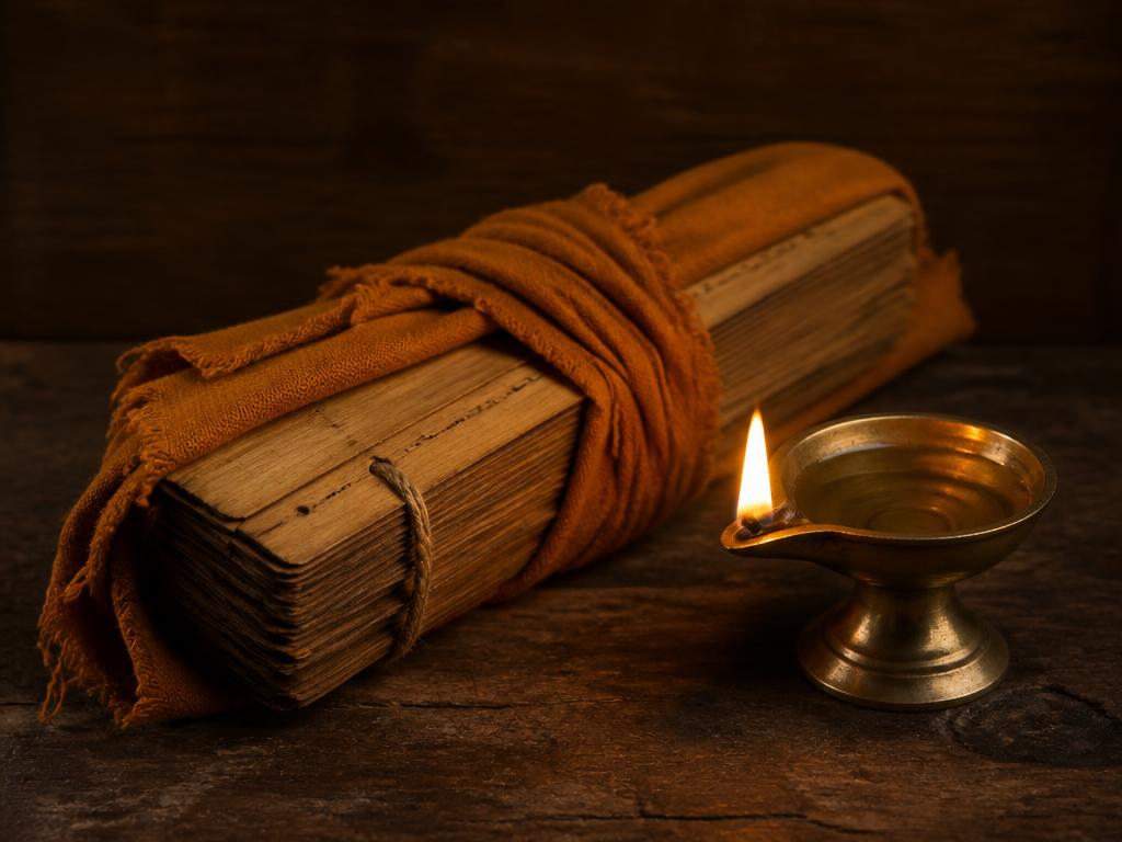 An old manuscript wrapped in cloth beside an oil lamp