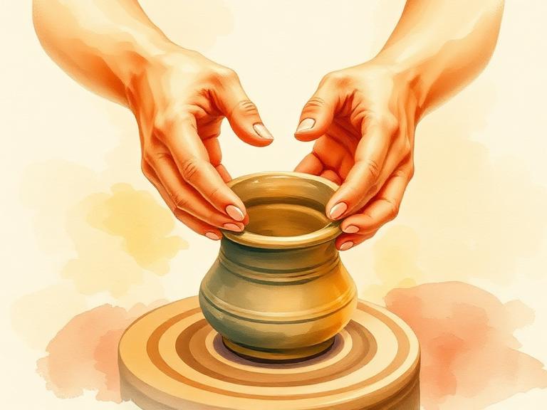 Hands shaping clay on a potter's wheel