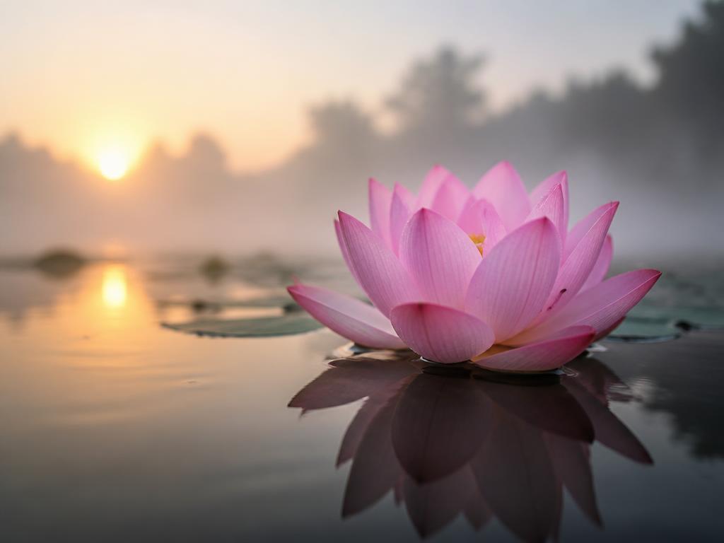 A lotus dissolving its own reflection on still water