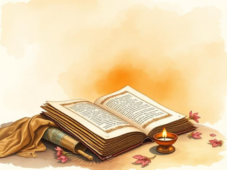 An old manuscript wrapped in cloth beside an oil lamp